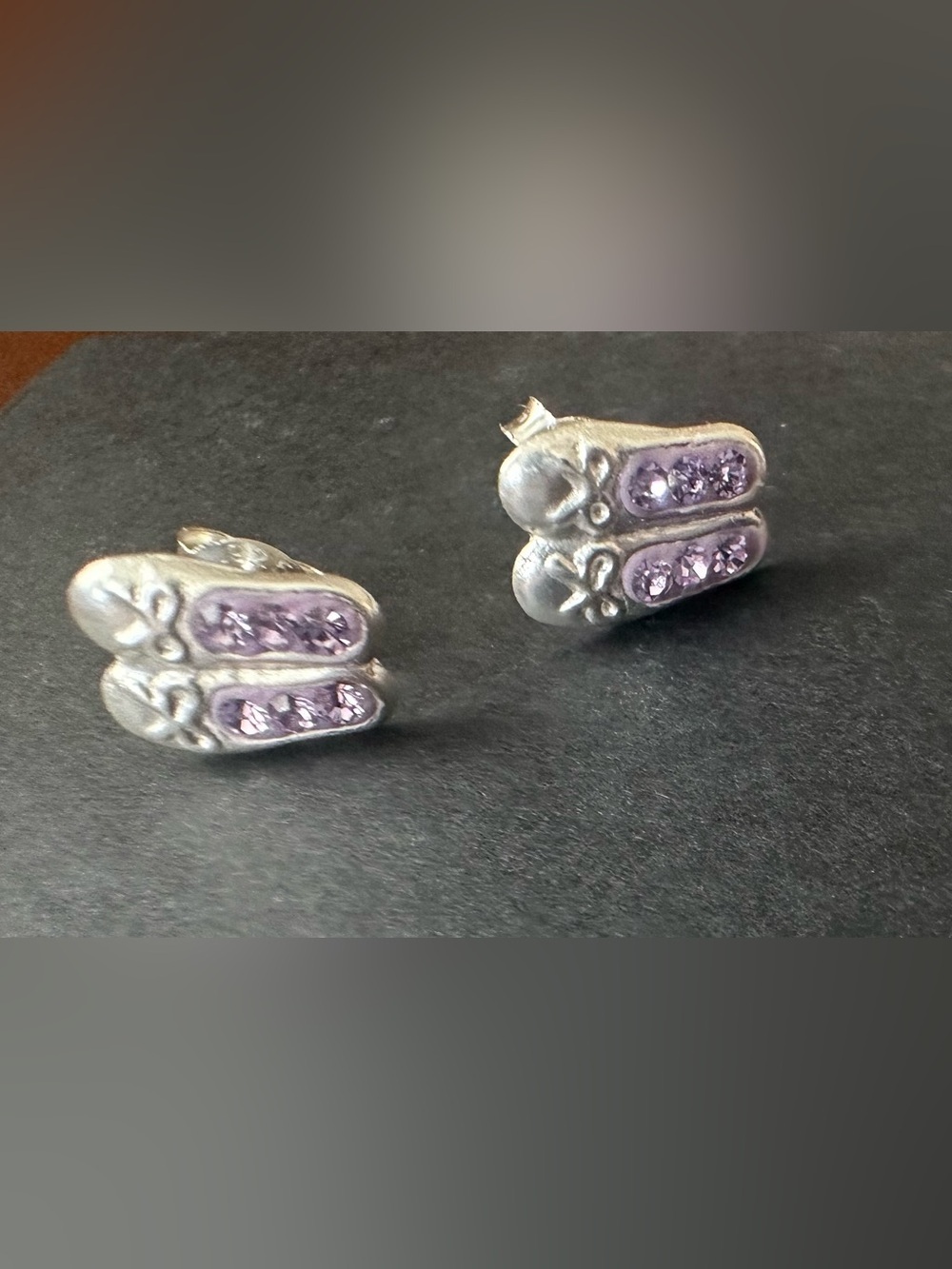 Dainty Silver Ballet SlipperEarrings with Lavender Crystals